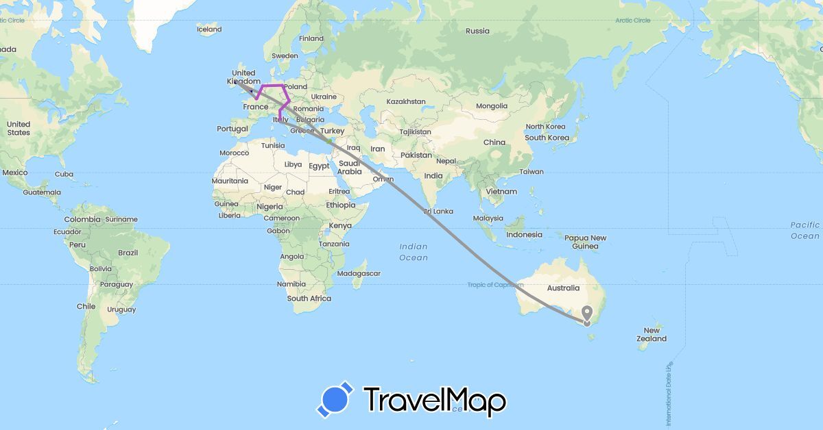 TravelMap itinerary: driving, plane, train, electric vehicle in Austria, Australia, Cyprus, Germany, France, United Kingdom, Ireland, Italy, Netherlands, Qatar (Asia, Europe, Oceania)